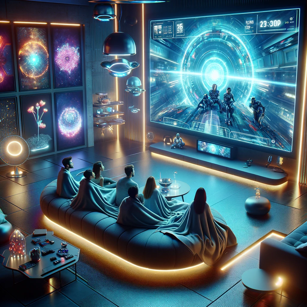 A scene where friends are watching a holographic movie in a futuristic living room.