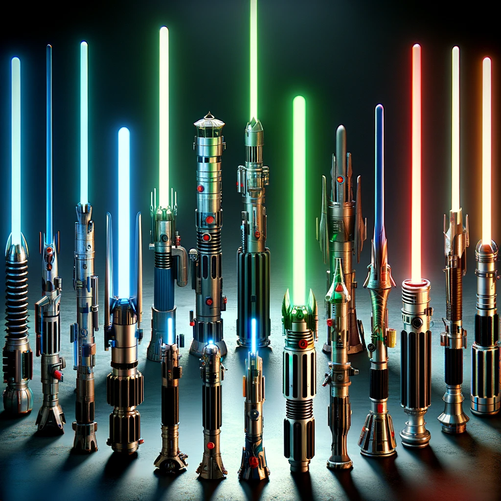 An array of different coloured lightsabers