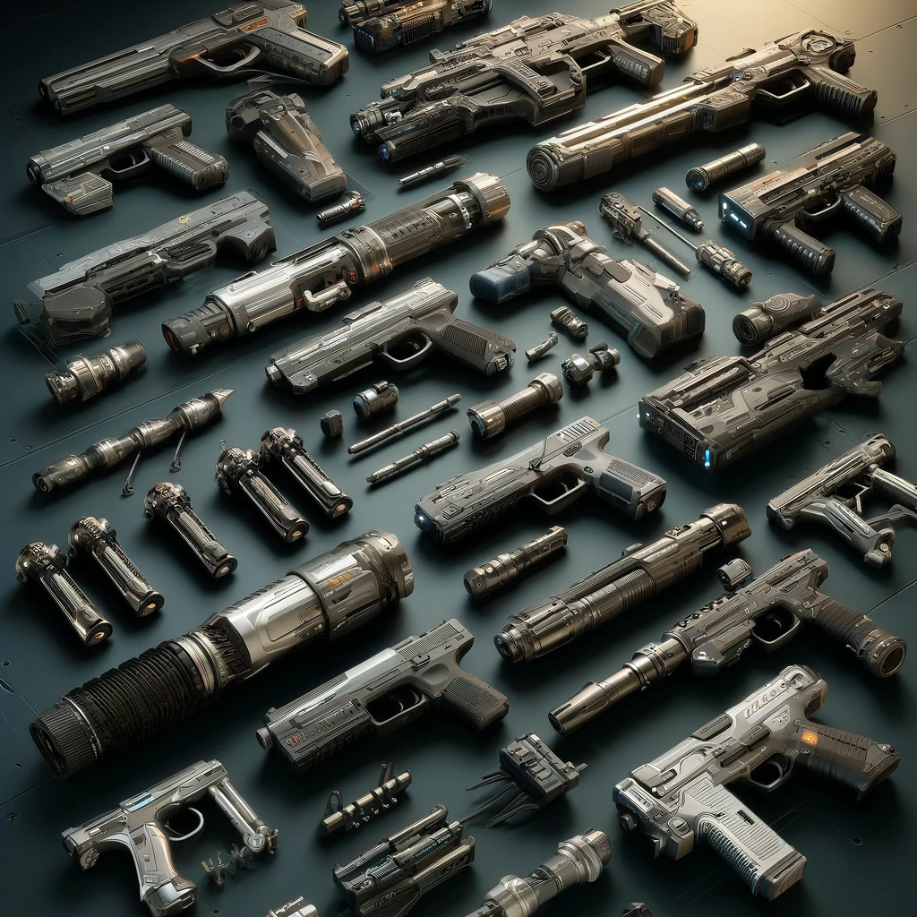 An array of blasters from the armoury. Showing the weapons of star wars.