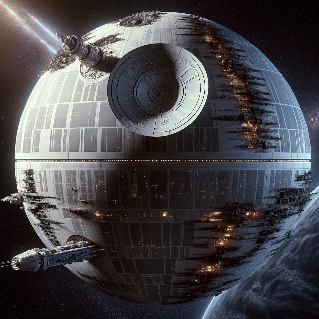 The ultimate weapon, the Death Star, showing. space station with multiple cannons.