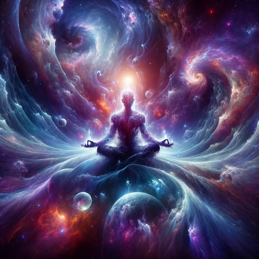 A colourful image showing a meditating being balancing light and dark. A depiction of the force.