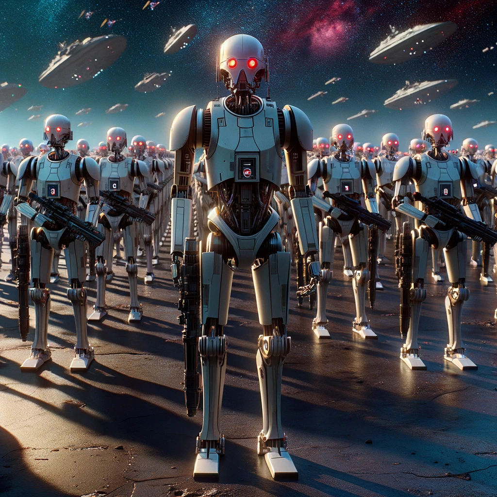 An army of droids with star ships over head. Droids in Star Wars
