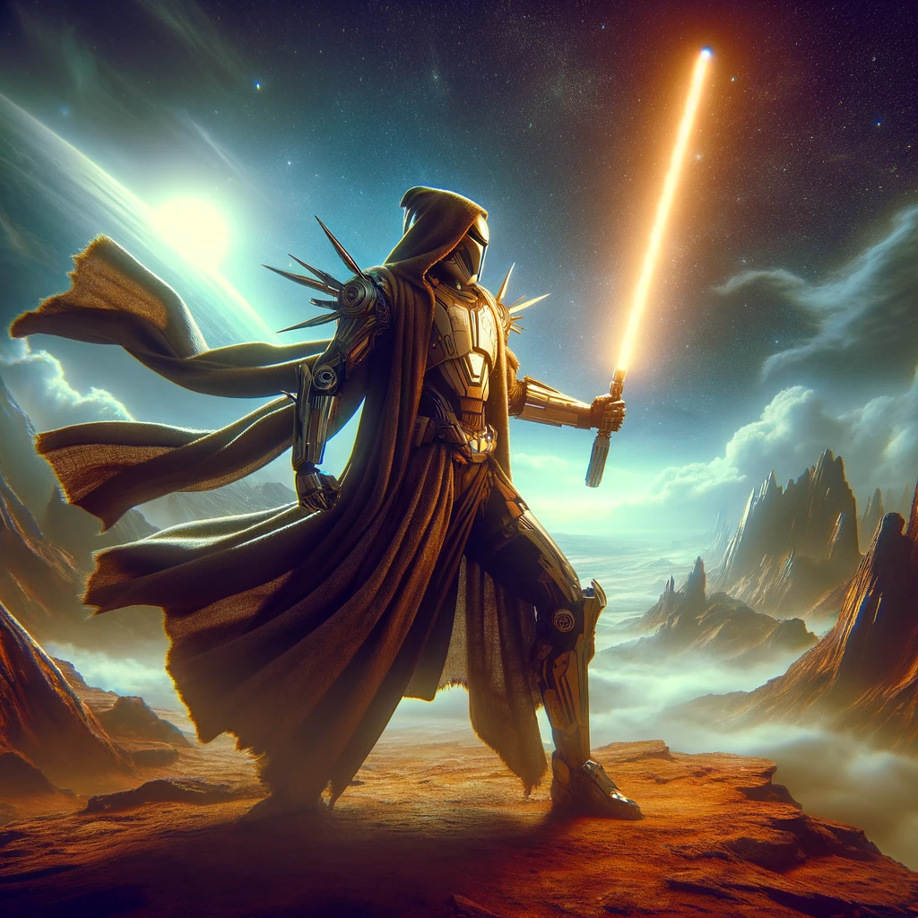 A lightsaber wielding fighter gazing into the mountains