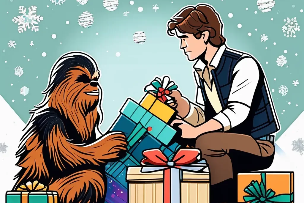 Han and Chewie wrapping gifts