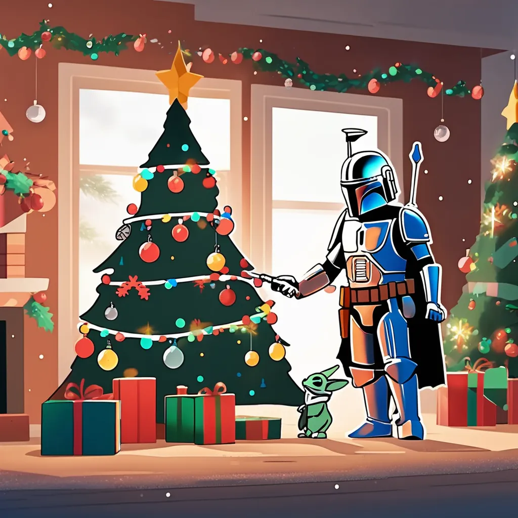 An image of the Mandalorian and Grogu decorating a Christmas tree