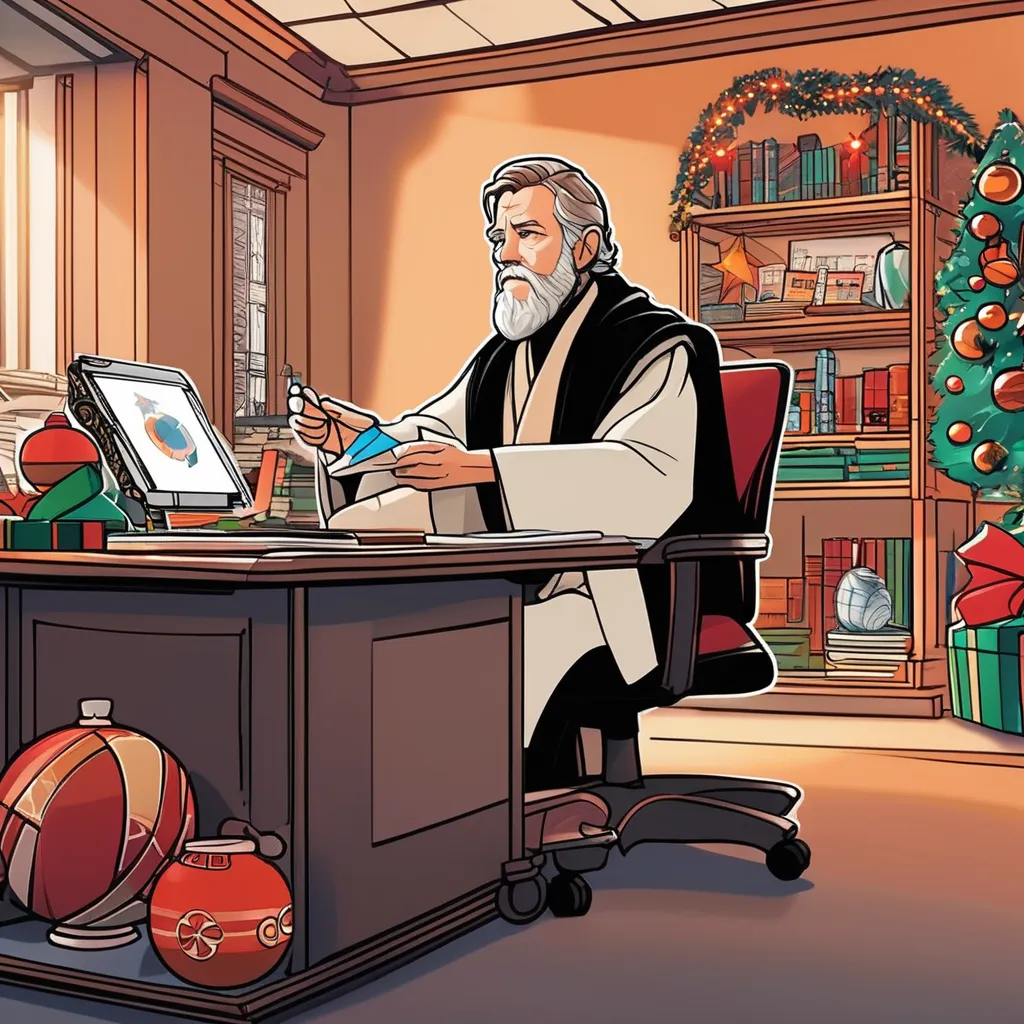 Obi Wan Kenobi sitting at a festive desk with Star Wars Holiday Desk Accessories