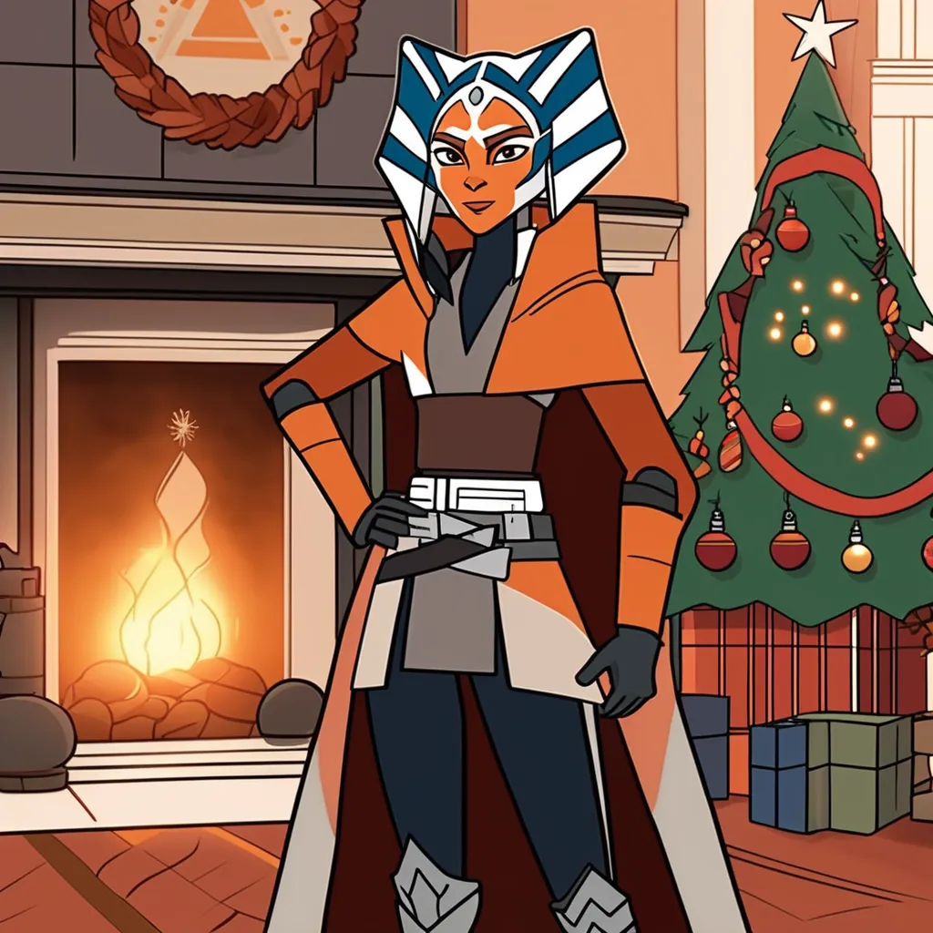 Ahsoka standing in front of a festive fireplace and a Christmas tree