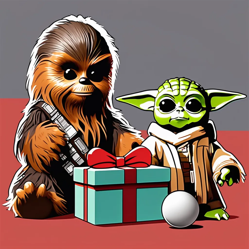 Baby Chewbacca and Baby Yoda opening a gift