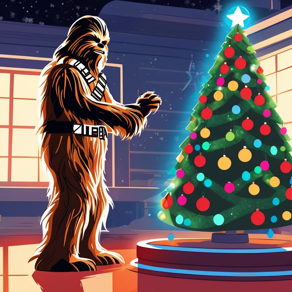 Chewbacca in front of a tree with Star Wars-Themed Holiday Lights