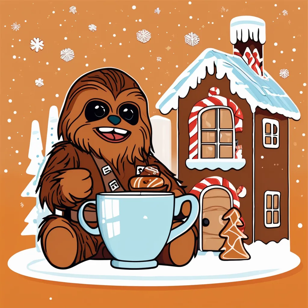 Chewbacca drinking coffee out of a Star Wars Mug in front of a gingerbread house