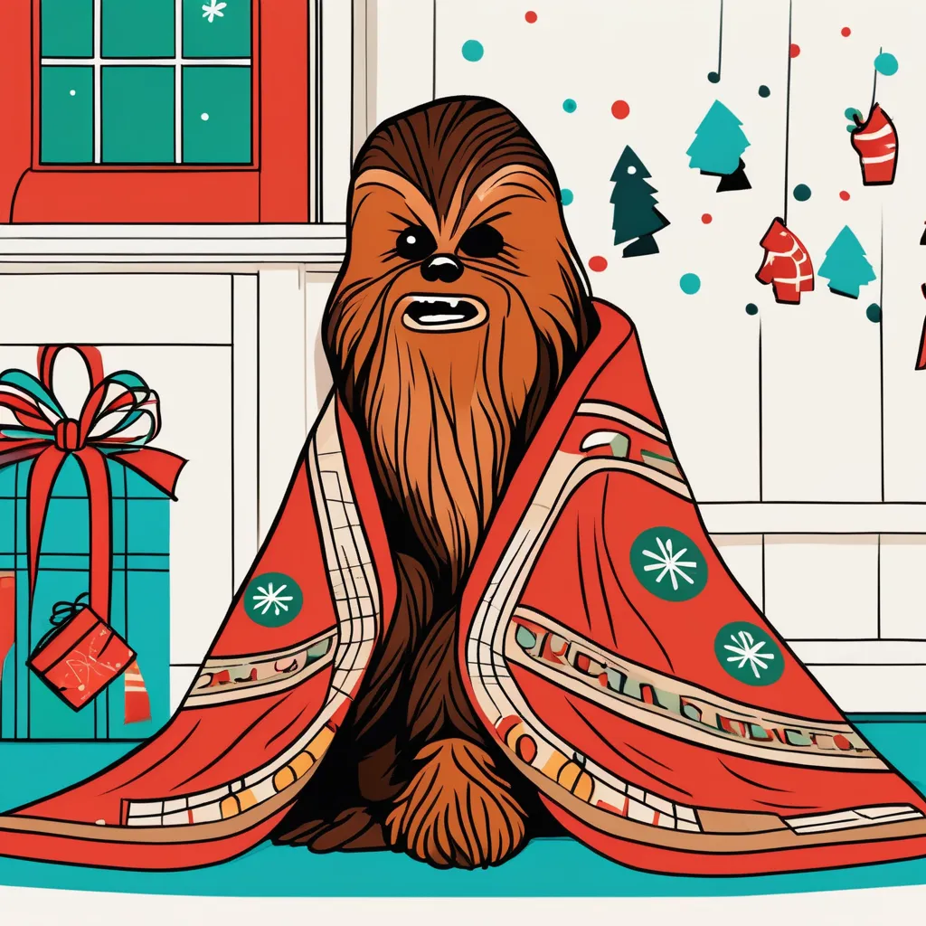 Chewbacca sitting under a Star Wars-Themed Blanket