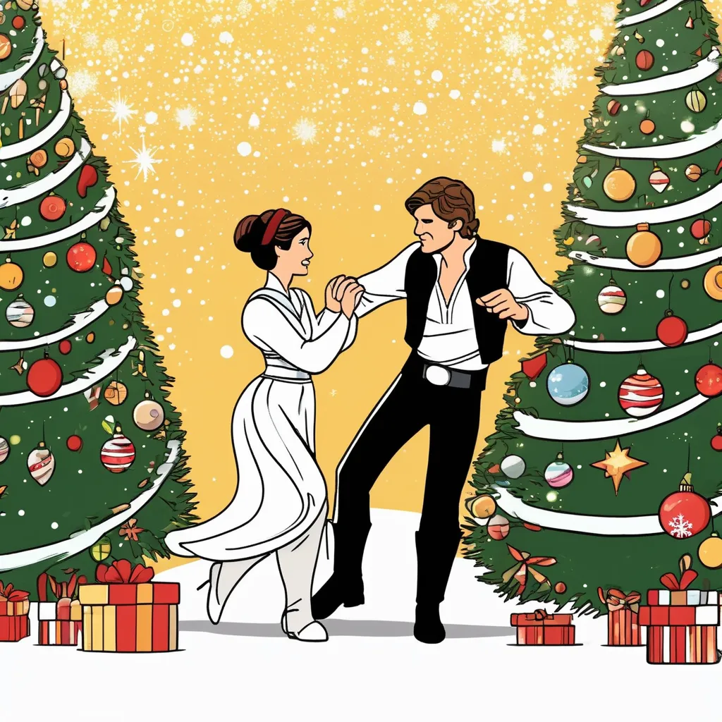 Han Solo and Leia dating by a Christmas tree