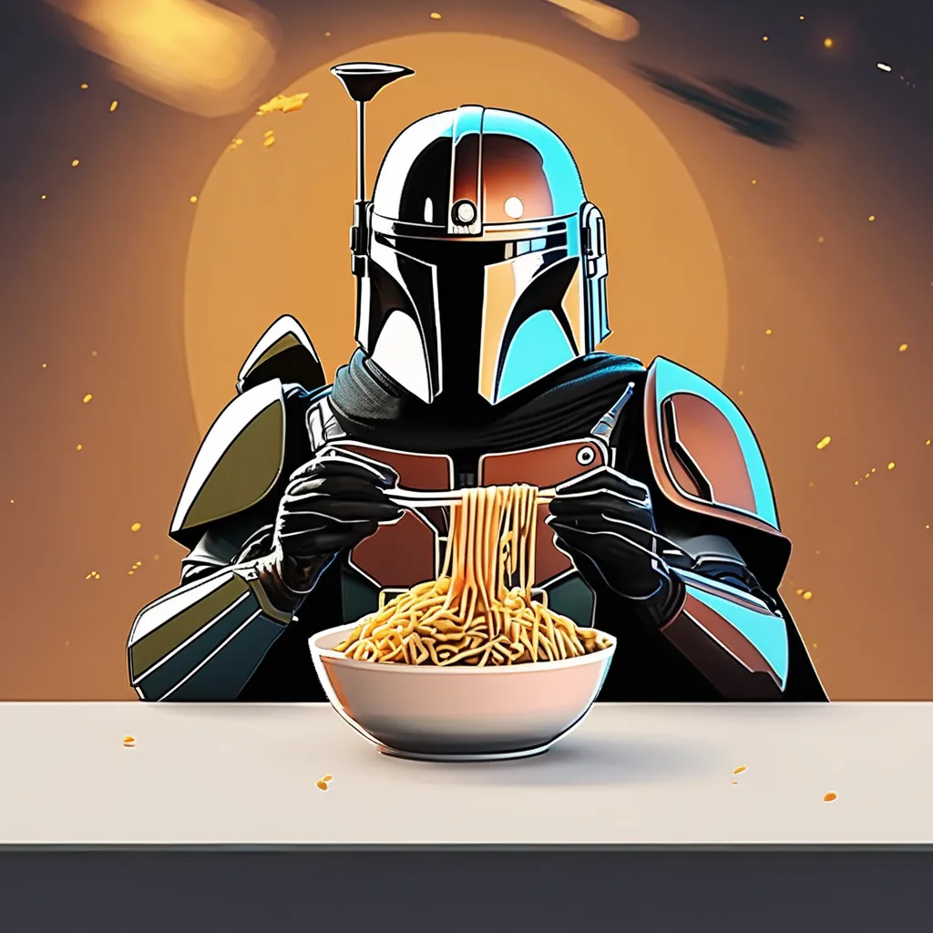 The Mandalorian eating noodles