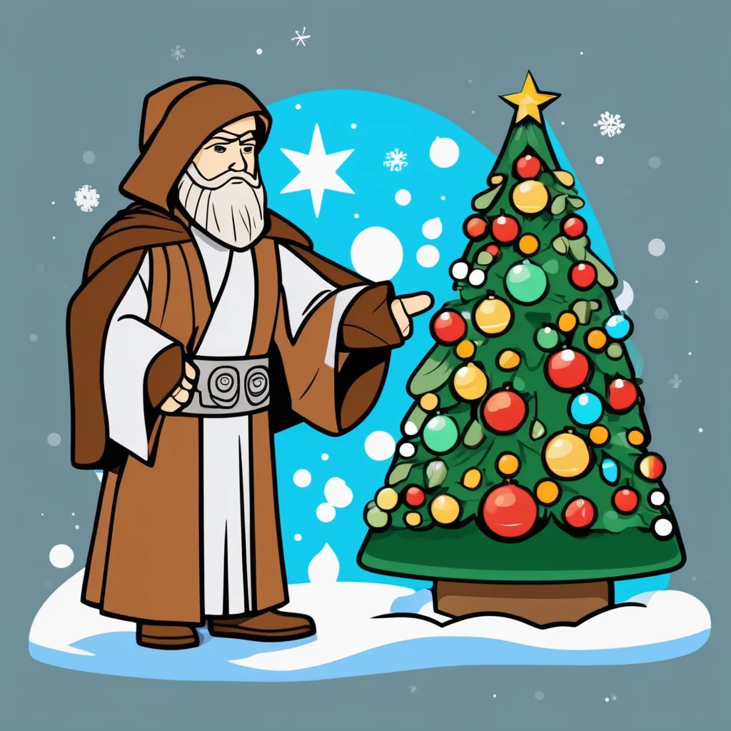 Obi Wan Kenobi decorating a Christmas tree with Star Wars Christmas Decorations