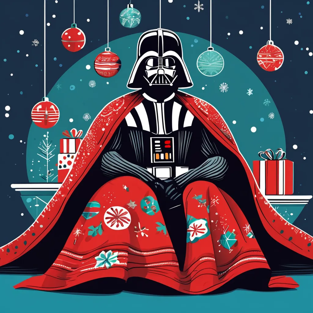 Darth Vader sitting under a Star Wars-Themed Blanket