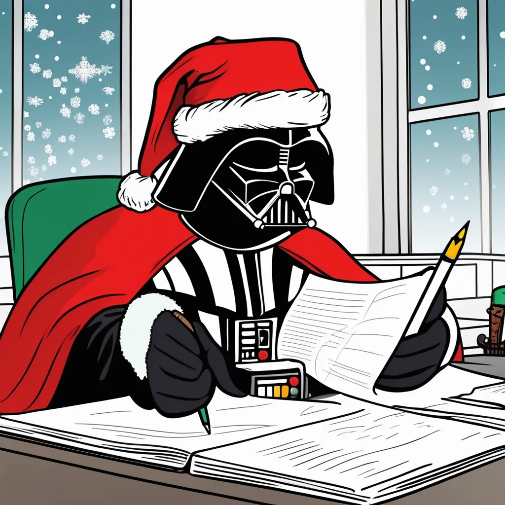 Darth Vader dressed as Father Christmas writing out the nice list