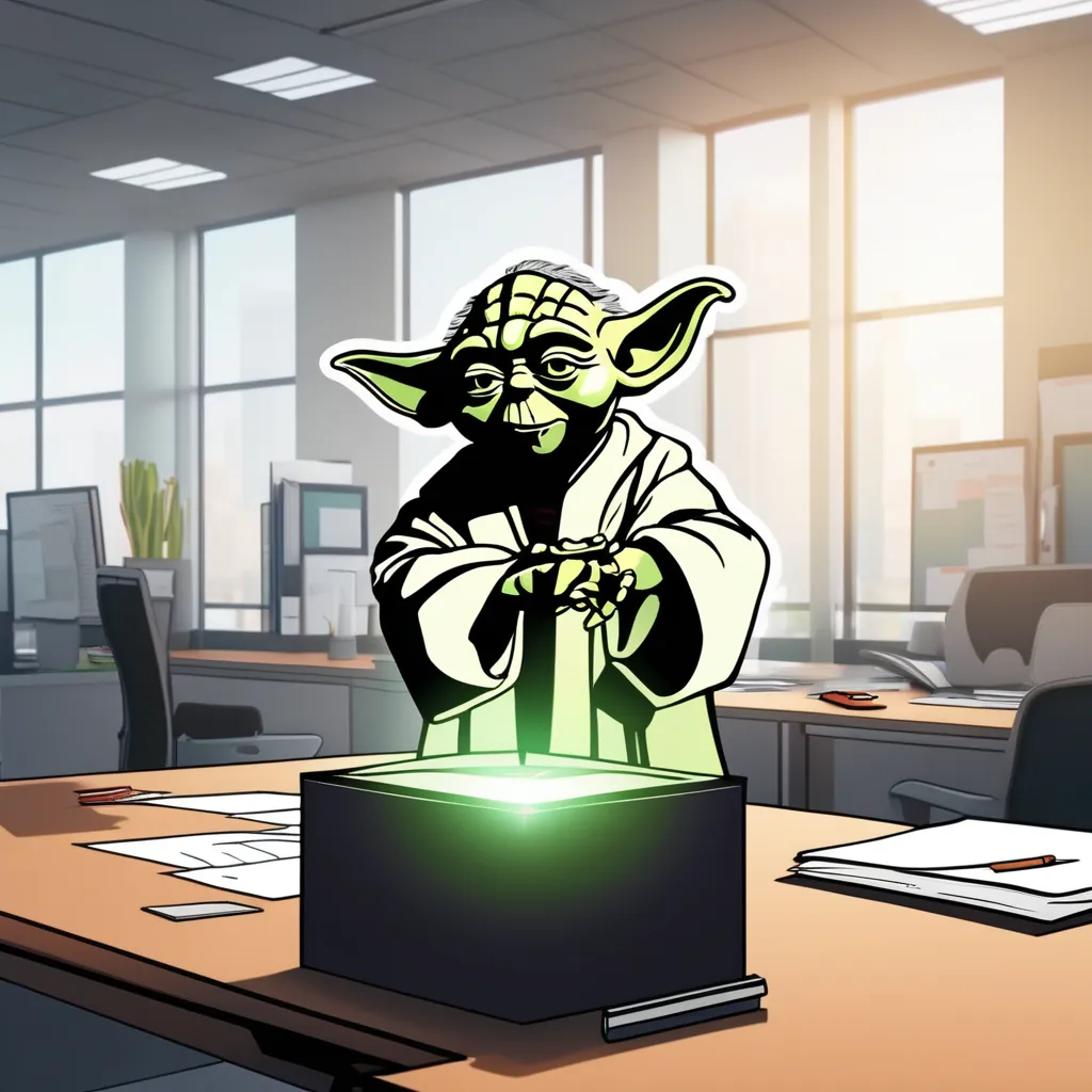 Yoda standing on his desk in an office