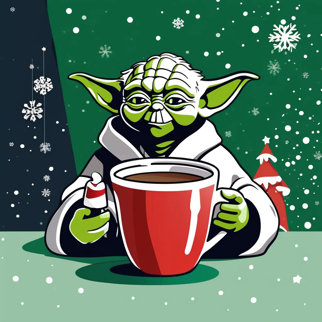 Yoda drinking a large cup of hot chocolate