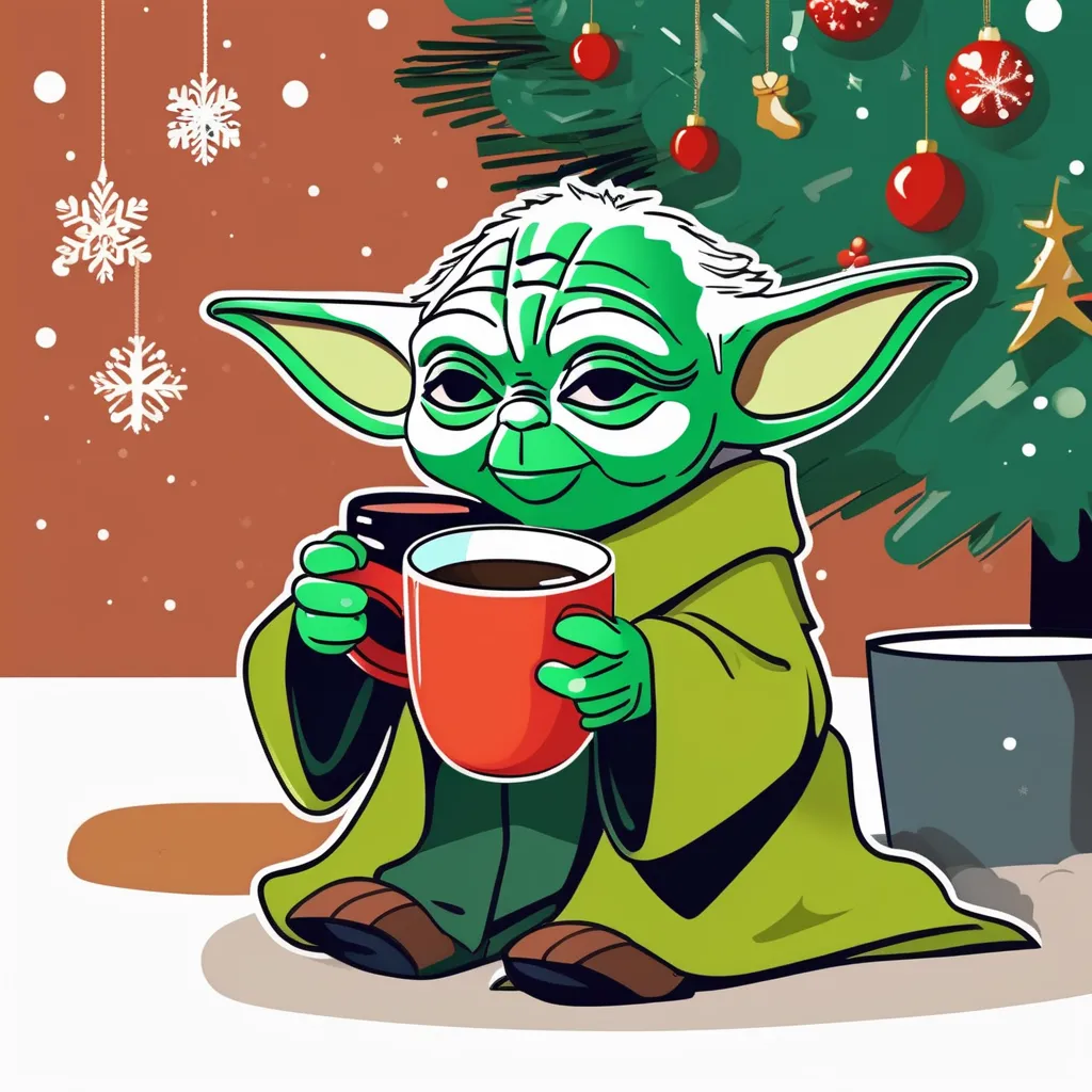 Yoda drinking hot chocolate in front of a christmas tree